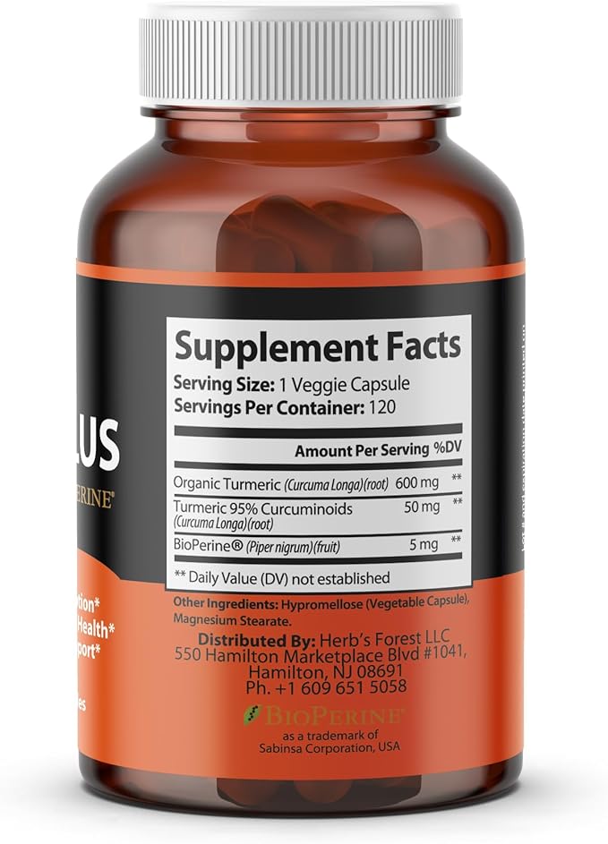 Organic Turmeric Curcumin Complex with BioPerine, 4 caps 120 Veg 95% Curcuminoids, 20x Absorption