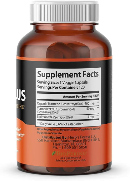 Organic Turmeric Curcumin Complex with BioPerine, 4 caps 120 Veg 95% Curcuminoids, 20x Absorption