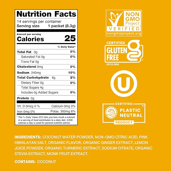 Cure Hydrating Electrolyte Mix | Powder for Dehydration Relief | Made with Coconut Water | No Added Sugar | FSA & HSA | Vegan | Paleo Friendly | Pouch of 14 Packets - Ginger Turmeric
