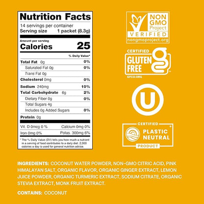 Cure Hydrating Electrolyte Mix | Powder for Dehydration Relief | Made with Coconut Water | No Added Sugar | FSA & HSA | Vegan | Paleo Friendly | Pouch of 14 Packets - Ginger Turmeric