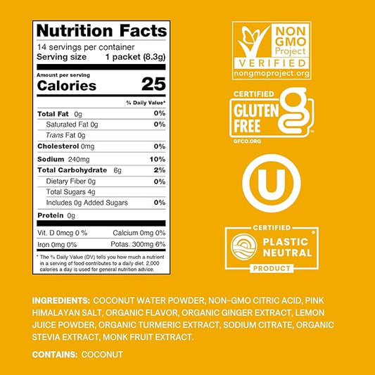 Cure Hydrating Electrolyte Mix | Powder for Dehydration Relief | Made with Coconut Water | No Added Sugar | FSA & HSA | Vegan | Paleo Friendly | Pouch of 14 Packets - Ginger Turmeric