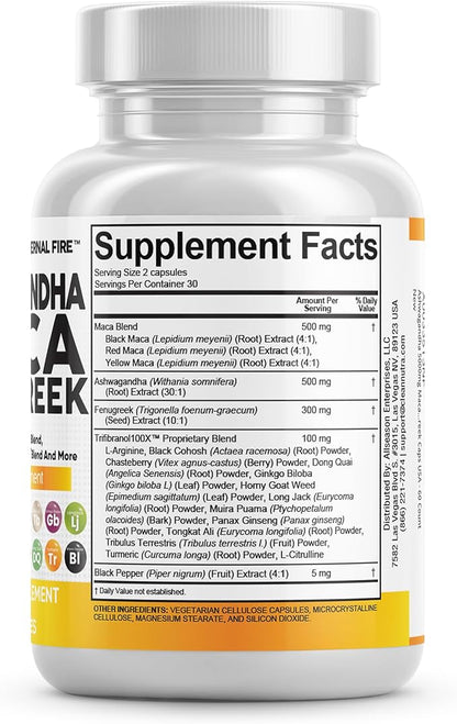 Clean Nutraceuticals Ashwagandha Maca Root Fenugreek Supplement with Tongkat Ali Ginseng - Assists with Stress, Mood & Thyroid - Ashwagandha Capsules Fenugreek Caps - 1 Pack