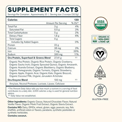 Ora Organic Vegan Protein Powder 22g Plant 20 Servings,