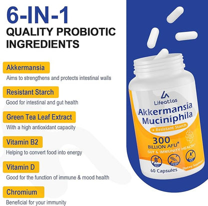 GLP-1 Supplement | 300 Billion AFU Akkermansia Muciniphila, Akkermansia Probiotic for Women Men, Akka Superbiotics for GLP-1 Production, Digestive, Gut, Immunity, Enhances Gut Lining Function, 4 Packs
