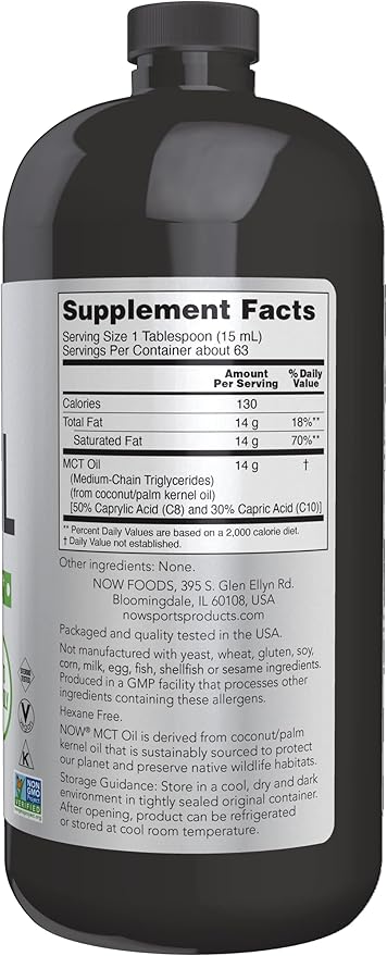 NOW Foods Sports Nutrition, MCT (Medium-chain triglycerides) Oil 14 g, Weight Management, Liquid, 32-Ounce