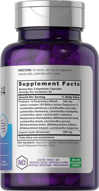 Horbäach Probiotics 120 Billion CFU | 14 Strains with Prebiotics | for Women & Men | 50 Capsules | Vegetarian, Non-GMO & Gluten Free Supplement