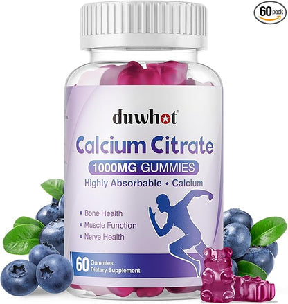 Calcium Citrate Gummies, Chewable Calcium Citrate 1000mg for Bone, Muscle & Immune Support, Ultimate Absorption Calcium Supplements for Women & Men, Blueberry, 60 Chews