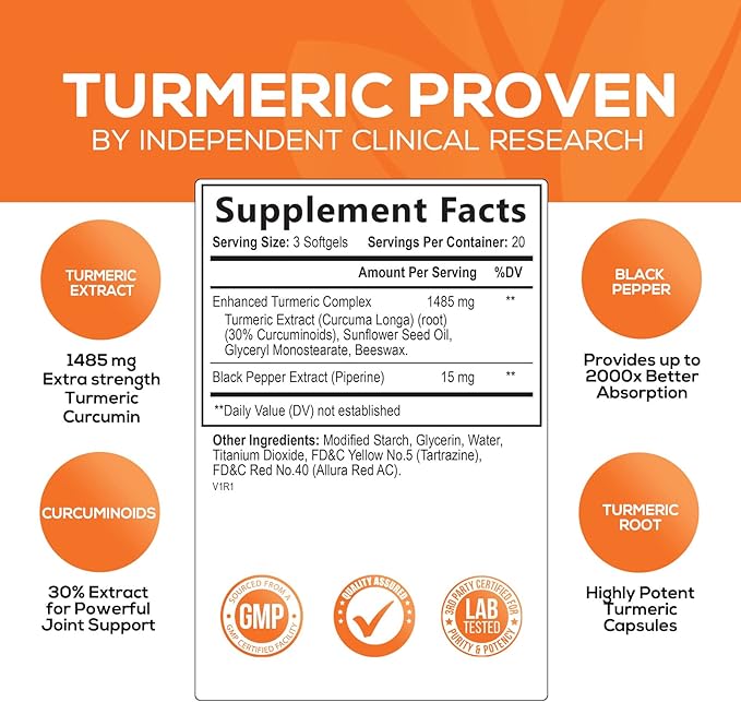 Turmeric Curcumin with Black Pepper Extract 1500mg, Advanced 60 Softgels