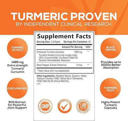Turmeric Curcumin with Black Pepper Extract 1500mg, Advanced 60 Softgels