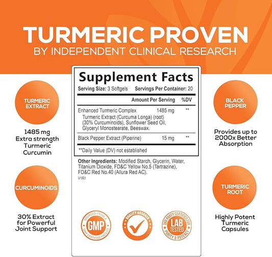 Turmeric Curcumin with Black Pepper Extract 1500mg, Advanced 60 Softgels