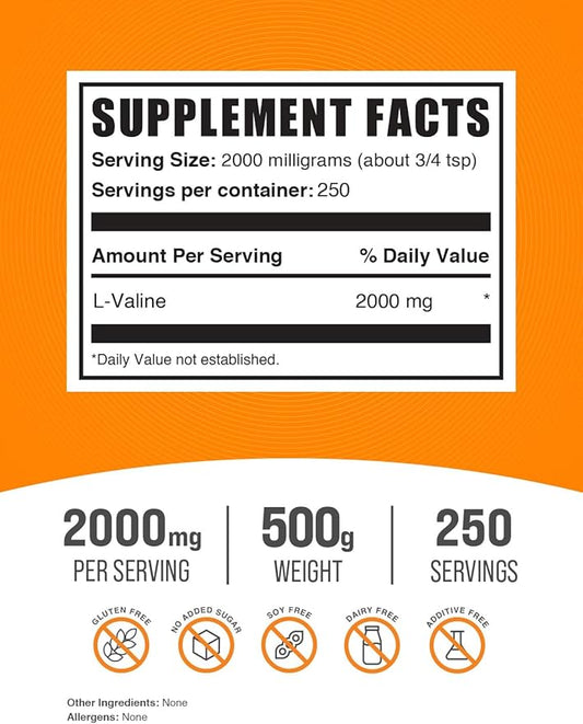 BulkSupplements.com L-Valine Powder - Valine Supplement, Valine Amino Acids - BCAA Supplement, L-Valine 2000mg - Gluten Free, 2000mg per Serving, 500g (1.1 lbs) (Pack of 1)