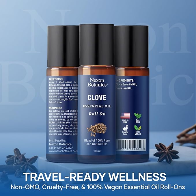 Clove Essential Oil Roll On 10 ml - Pre-Diluted Roller for Skin, Teeth & Aromatherapy - Ready to Use - Made from Pure Natural Oils - Nexon Botanics