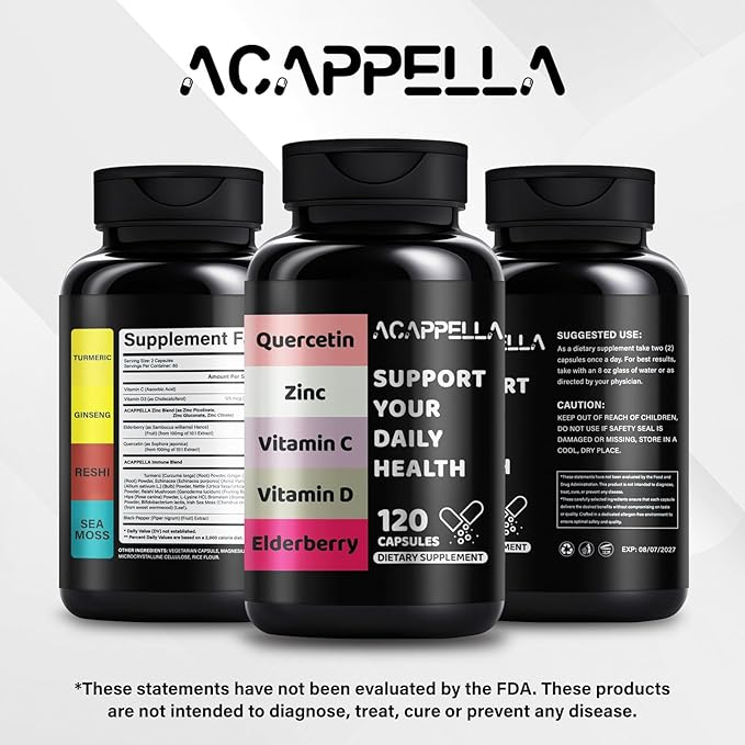 ACAPPELLA Quercetin, Zinc, Vitamin C, Vitamin D3, Elderberry Capsule - Boosters for Adults with Turmeric, Ginger Root, Nettle, Reishi Mushroom, L-Lysine Hydrochloride, Bromelain (1)