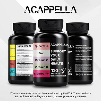 ACAPPELLA Quercetin, Zinc, Vitamin C, Vitamin D3, Elderberry Capsule - Boosters for Adults with Turmeric, Ginger Root, Nettle, Reishi Mushroom, L-Lysine Hydrochloride, Bromelain (1)