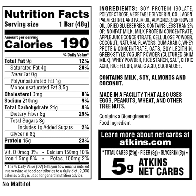 Atkins Blueberry Greek Yogurt Protein Meal Bar, High Fiber, 15g Protein, 3g Sugar, 5g Net Carbs, Meal Replacement, Keto Friendly, 5 Count