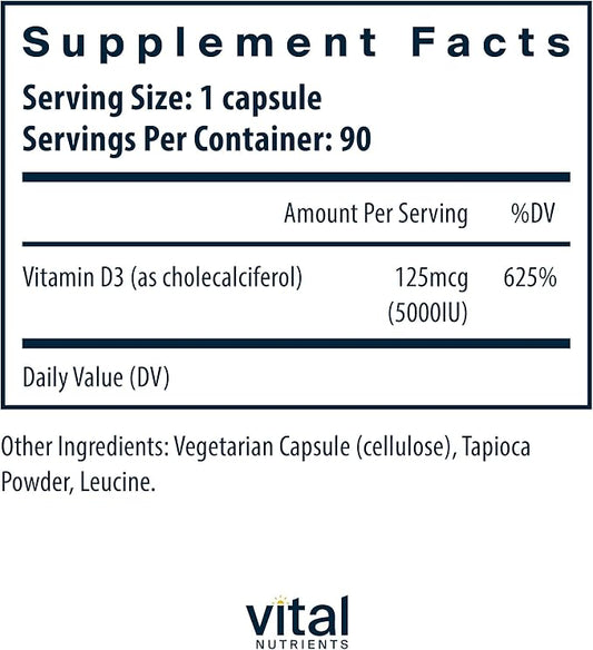Vital Nutrients Vitamin D 5000 IU D3 Supplement 90 Capsules
