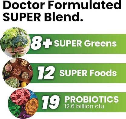 Natural Super Greens Powder Organic Supplements| Great Tasting Fruits and Vegetables Juice & Smoothie Mix| Probiotics & Digestive Enzymes| Green Superfood Spirulina & Chlorella (Citrus Berry)