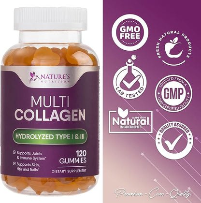 Collagen Gummies with 2500mcg Biotin, Vitamin 1 & 3 Collagen 120 Count