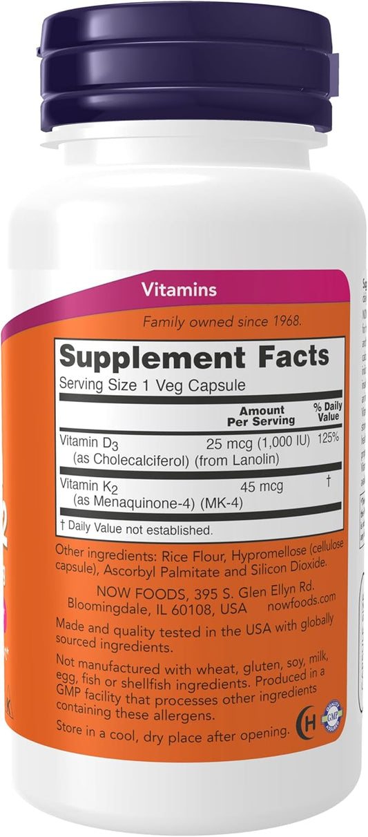 NOW Supplements, Vitamin D-3 & K-2, 1,000 IU/45 IU/45 mcg,Plus 120 veg