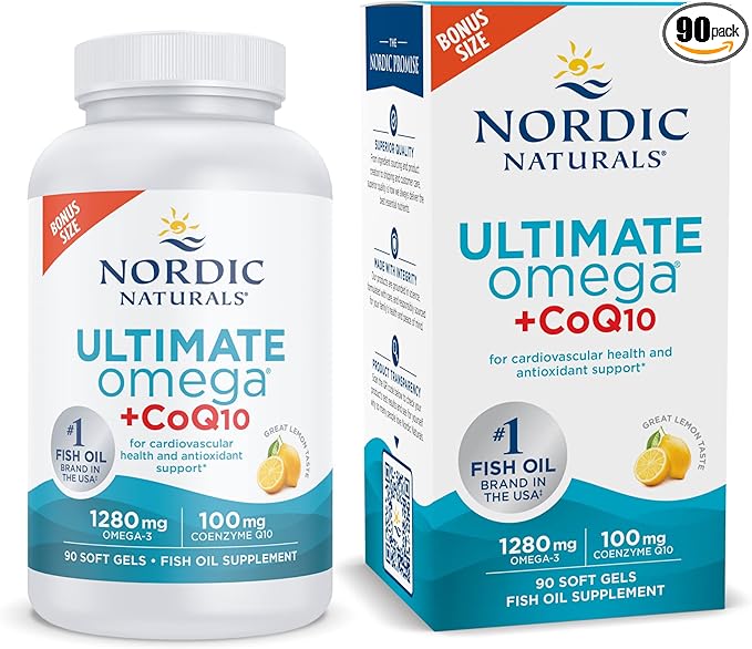 Nordic Naturals Ultimate Omega + CoQ10, Lemon 90 Soft 1280 mg Omega-3 + 100 mg CoQ10 - 45 Servings