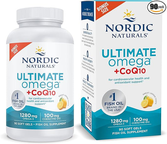 Nordic Naturals Ultimate Omega + CoQ10, Lemon 90 Soft 1280 mg Omega-3 + 100 mg CoQ10 - 45 Servings