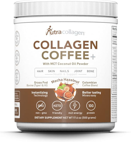 Peptide Powder with Premium Columbian Coffee; Grass-Fed; Keto Friendly, MCT Coconut Oil Powder, Soy Free, Gluten Free, Sugar Free, 40mg Caffeine/SVG; Mocha Hazelnut 25 Servings