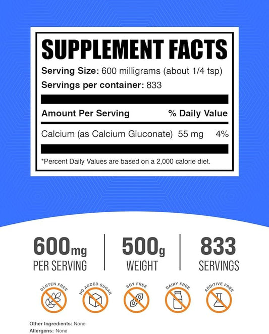 BulkSupplements.com Calcium Gluconate Powder - Calcium Powder Supplement, Calcium Gluconate Supplement - Gluten Free, 600mg (55mg Calcium) per Serving, 500g (1.1 lbs) (Pack of 1)