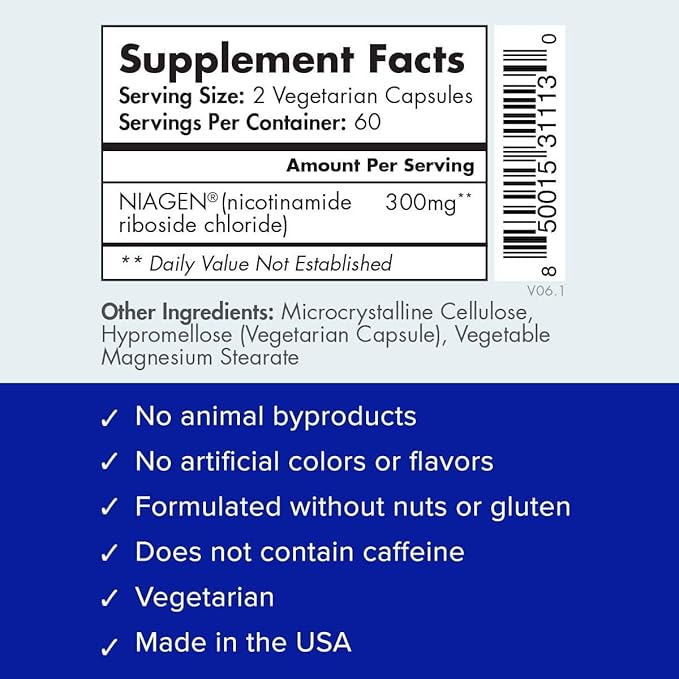 TRU NIAGEN Patented NAD Supplement for Anti Aging and Cell Regeneration, Niagen, 60 300 mg Servings | Supports Cellular Energy, Brain, Muscle | Nicotinamide Riboside (NR) Take 2 Daily | 1 Bottle