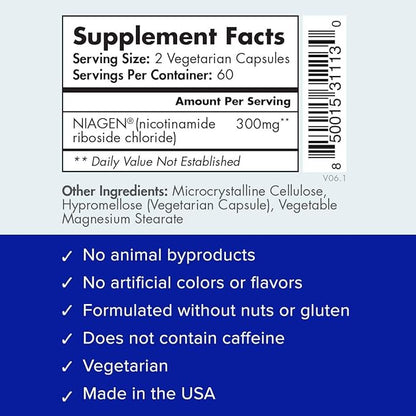 TRU NIAGEN Patented NAD Supplement for Anti Aging and Cell Regeneration, Niagen, 60 300 mg Servings | Supports Cellular Energy, Brain, Muscle | Nicotinamide Riboside (NR) Take 2 Daily | 1 Bottle