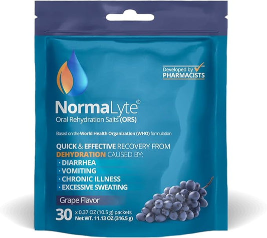 NormaLyte Oral Rehydration Salts Helps dietary management of POTS Syndrome symptoms- 1 Pouches -30 Sticks (Yields 500mL per Pack)-Grapes| Energy Supplements, Potassium Supplement, Dehydration Recovery