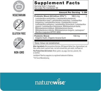 NatureWise Probiotics 60 Billion CFU - 17 Strains + Organic Prebiotics - Immune, Digestive & Gut Health Support for Women & Men - Vegetarian, Gluten-Free, Non-GMO - 30 Capsules[1-Month Supply]