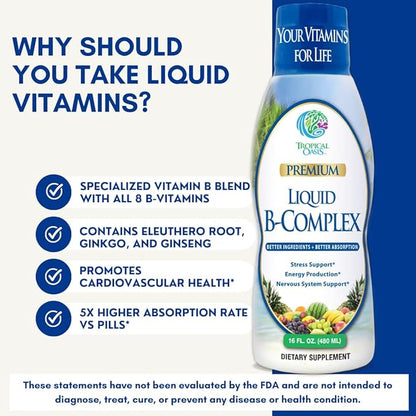 Premium Liquid B Complex Vitamin- Fast 8 B-vitamins, 16oz, 32 32 Serv