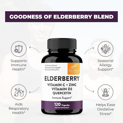 Elderberry Vitamin C and Zinc 120 Capsules | with Quercetin and Vitamin D3 | Immune Support for Adults | Herbal Supplement for Men and Women | 2 Months Supply | Natural Immunity Booster