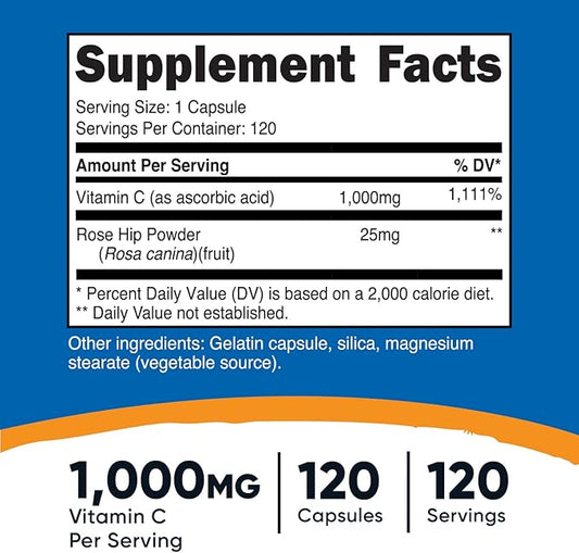 Nutricost Vitamin C with Rose Hips 1025mg, 120 120 Capsules 1000mg, Rose 25mg, Premium,
