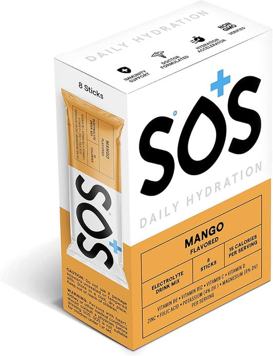 SOS Hydration Electrolyte Powder Packets, Mango Flavor, 8 Stick Packs – Low-Calorie, Rapid Rehydration, Made in USA, Keto & Vegan Friendly
