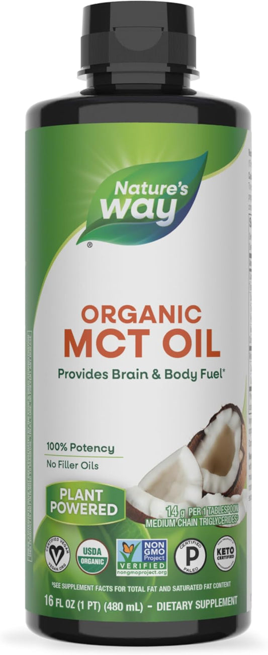 Nature's Way Organic MCT Oil, 16 Fl Oz, Brain and Body Fuel from Coconuts*, C8 Caprylic Acid and C10 Capric Acid, Keto and Paleo Certified, Organic, Non-GMO Project Verified (Packaging May Vary)