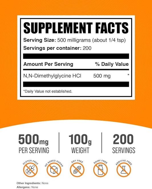 BulkSupplements.com DMG HCl Powder - N,N-Dimethylglycine HCl, DMG Supplements, DMG 500mg, DMG Dimethylglycine Powder - Gluten Free, 500mg per Serving, 100g (3.5 oz) (Pack of 1)