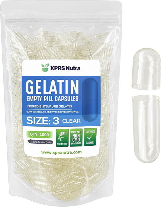 XPRS Nutra Size 3 Empty Capsules - 1000 Count Empty Gelatin Capsules - Empty Pill Capsules - DIY Capsule Filling - Clear Pure Bovine Pill Capsules Empty Gel Cap