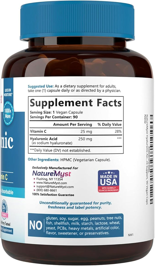 Hyaluronic Acid Supplement, with Vitamin C, 250mg Plant-Based HA, 90 Vegan Caps, for Joints, Skin & Eyes, Collagen Production, Easily Absorbable