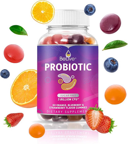 BeLive Probiotic Gummies - Probiotics with 5 Billion CFUs for Digestive Health, Men, Women & Kids Probiotic Supplements for Immune Support, Sugar Free & Vegan – Blueberry, Strawberry & Orange | 3-Pack
