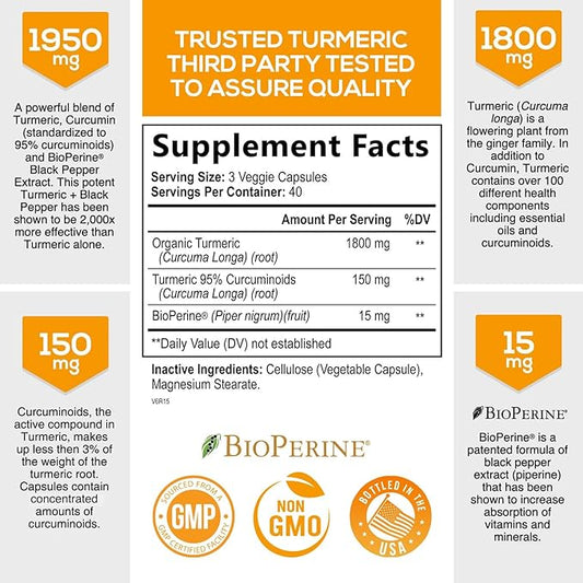 Turmeric Curcumin with BioPerine 95% Standardized 1950mg - 120 Capsules