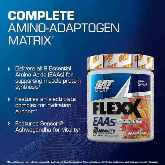 GAT SPORT Flexx EAAs + Hydration, Advanced Essential Amino Acids, 30 Servings (Strawberry Mango)