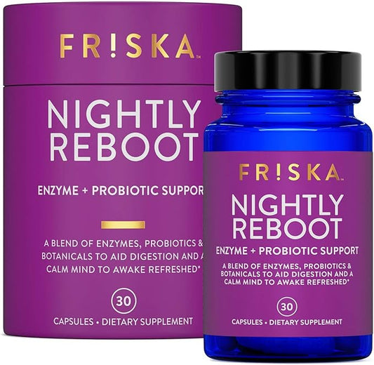 FRISKA Nightly Reboot Enzyme and Probiotics Supplement, Promotes Better Digestion and Sleep, Supports Gut Health for Men and Women, Melatonin, Chamomile, 30 Capsules