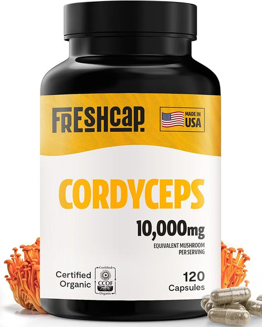 FreshCap Cordyceps Mushroom Capsules 10,000mg - Cordyceps Extract Mushroom Supplement Capsules, Mushroom Extract, Energy Supplements, Ayurveda Nootropic Mushroom Supplements (120 Capsules)