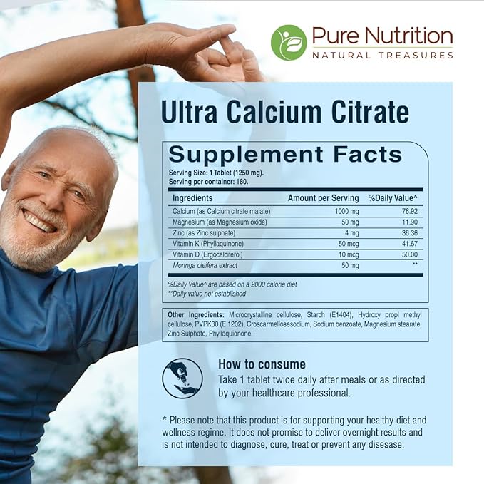 Pure Nutrition Ultra Calcium Citrate Malate | 1000mg Highly absorbable Calcium Supplement with Calcium Citrate Malate, Vitamin D3, Magnesium and Zinc | Non-GMO | Gluten-Free | 180 Veg Tabs