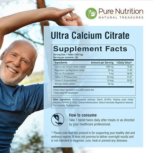 Pure Nutrition Ultra Calcium Citrate Malate | 1000mg Highly absorbable Calcium Supplement with Calcium Citrate Malate, Vitamin D3, Magnesium and Zinc | Non-GMO | Gluten-Free | 180 Veg Tabs