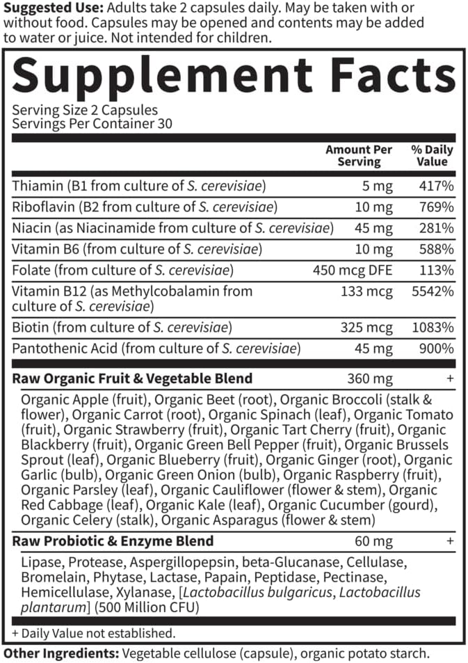 Garden of Life Raw B Complex 60 Vegan B2 Riboflavin, B1, B3, B3, B6, B6, Folate, B12 as