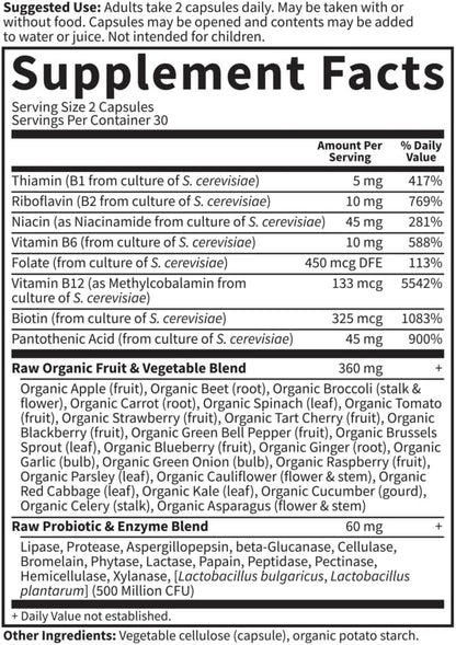 Garden of Life Raw B Complex 60 Vegan B2 Riboflavin, B1, B3, B3, B6, B6, Folate, B12 as