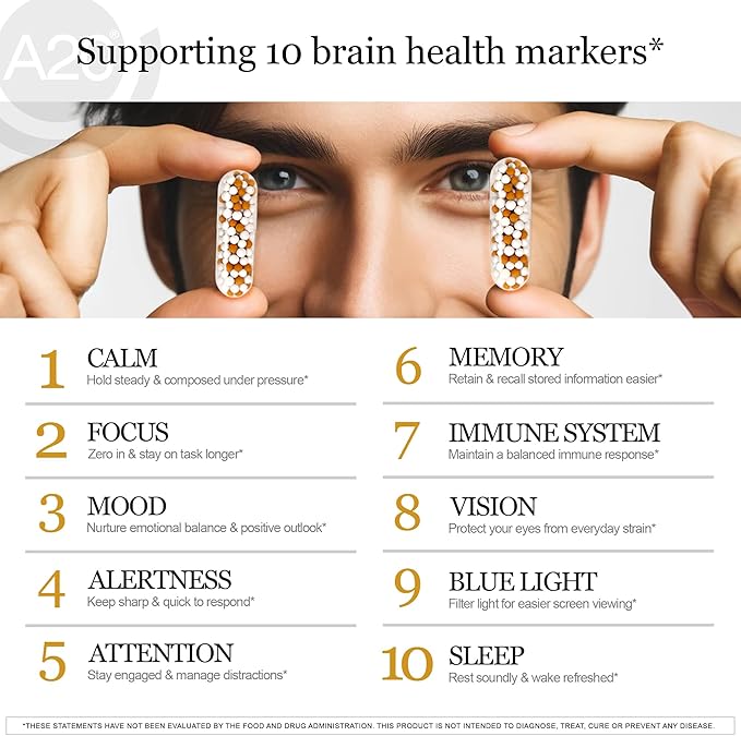 HCF A20 Microbead Brain Supplements for Memory and Focus + Brain Support, Calm, Mood, Alertness, Attention, Vision, Sleep, Immune System, 20 Premium Nootropic Nutrients Multivitamin & 7 Advances® Tech