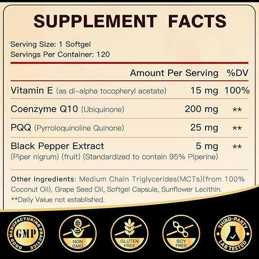 Coq10 200mg Upgraded, 6X High Absorption 10 Supplement Q10, 120 120 Servings